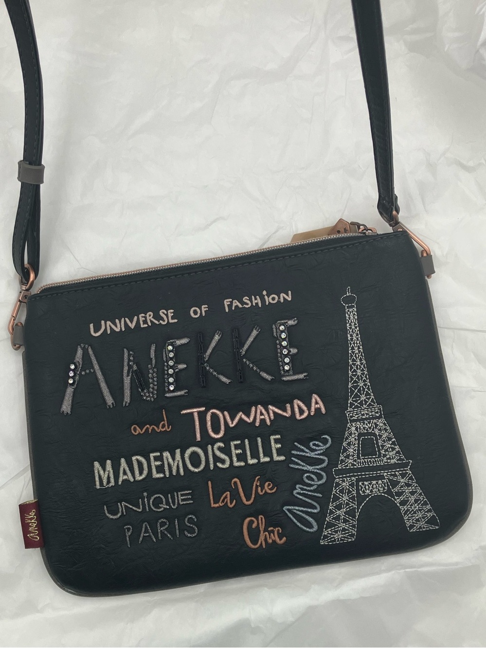 ANEKKE CANADIAN ARTIST BAG Mademoiselle Black Embroidered Crossbody Bag